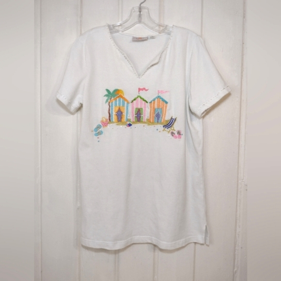 Quacker Factory Women's White Beach Hut Embroidered T-Shirt Size (M) - Picture 1 of 10